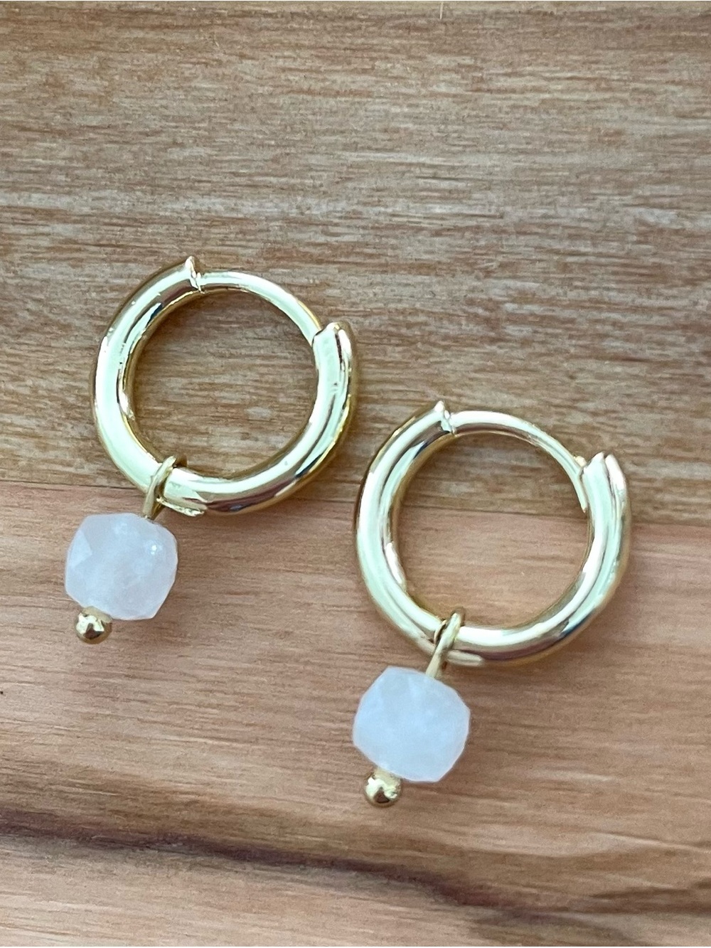 14k Gold Plated Hoop Earrings with Rose Quarts Stone Dangle